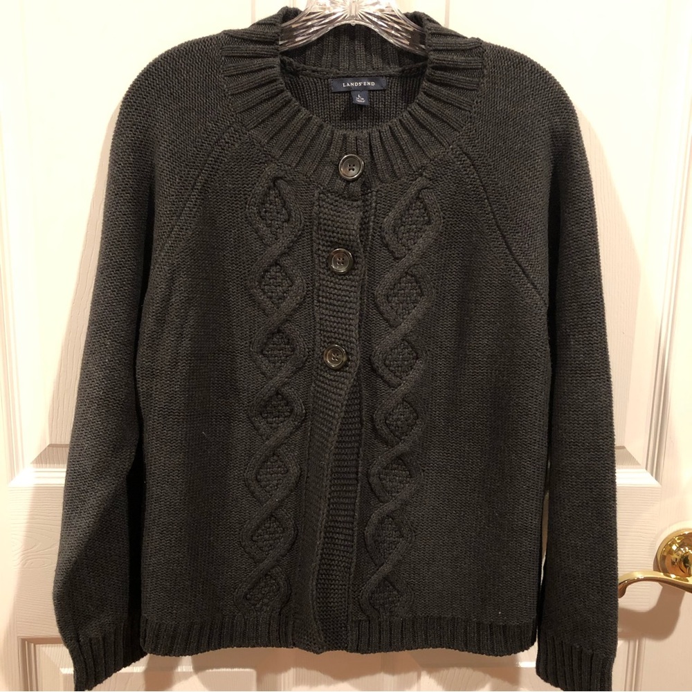 Land’s End blue cotton cardigan sweater.